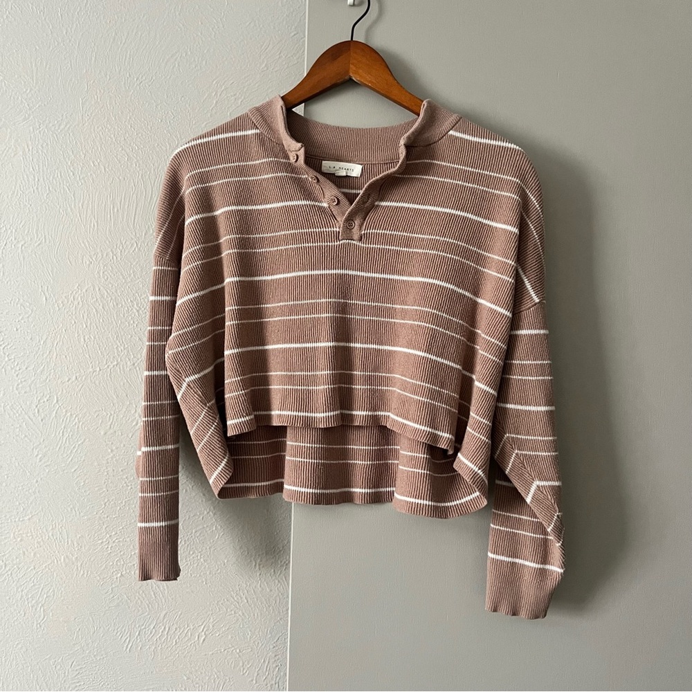 L.A. Hearts Striped Ribbed Crop Henley Top